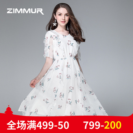 ZIMMUR夏季新款2018收腰五分袖仙女裙中长款雪纺印花OL优雅连衣裙商品大图