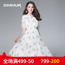 ZIMMUR夏季新款2018收腰五分袖仙女裙中长款雪纺印花OL优雅连衣裙图片