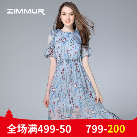 ZIMMUR夏装新款2018优雅时尚印花蕾丝拼接收腰中长款雪纺OL连衣裙商品大图