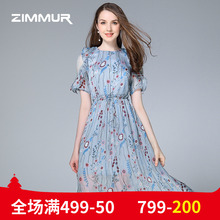 ZIMMUR夏装新款2018优雅时尚印花蕾丝拼接收腰中长款雪纺OL连衣裙图片