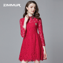 ZIMMUR秋冬新款2018纯红色蕾丝衬衫领A字裙中款收腰正式女连衣裙图片