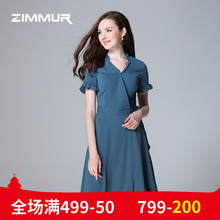 ZIMMUR2018夏季新款女装V领荷叶袖木耳边收腰修身纯色雪纺连衣裙图片