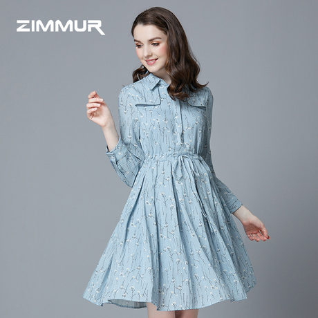 ZIMMUR秋冬新款2018衬衫蓝色印花收腰抽绳中长A字绑带长袖连衣裙商品大图