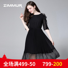 ZIMMUR夏装新品2018黑色蕾丝雪纺收腰优雅中长款大摆五分袖连衣裙图片