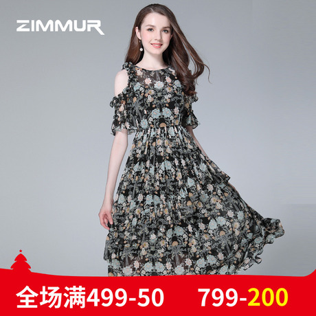 ZIMMUR夏季新款2018露肩碎花雪纺喇叭袖中长款大摆高腰优雅连衣裙商品大图