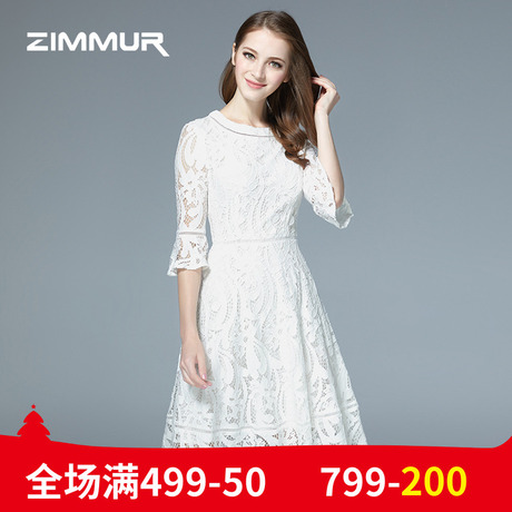 ZIMMUR夏装新款2018优雅淑女七分袖蕾丝喇叭袖中长款纯白色连衣裙商品大图