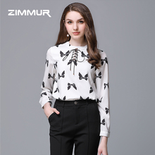 ZIMMUR秋季新款2018印花雪纺长袖衬衫OL职业装宽松直筒碎花上衣女图片