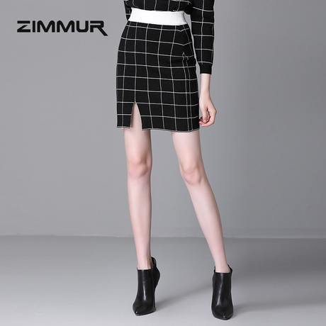 ZIMMUR秋冬新款2018黑白格子印花包臀裙短裙OL时尚百搭一步半身裙商品大图