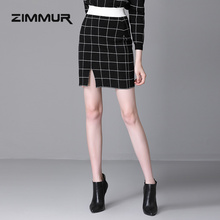 ZIMMUR秋冬新款2018黑白格子印花包臀裙短裙OL时尚百搭一步半身裙图片