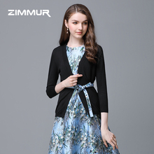 ZIMMUR秋冬新款2018针织蕾丝衫黑色开衫薄外套九分袖V领长袖上衣图片