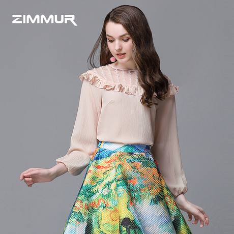 ZIMMUR秋冬新款2018蕾丝网纱纯色拼接宽松上衣打底雪纺简约衬衫女商品大图