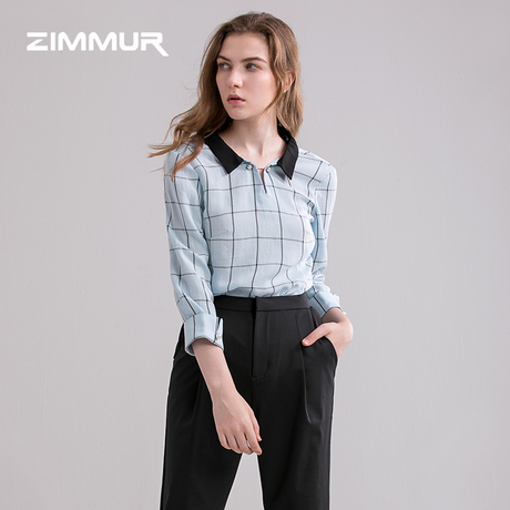 ZIMMUR秋冬新款2018蓝色格子职业装七分袖打底衫衬女休闲衬衫上衣商品大图