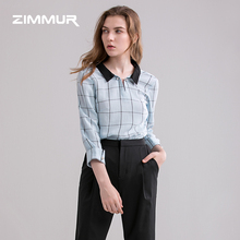 ZIMMUR秋冬新款2018蓝色格子职业装七分袖打底衫衬女休闲衬衫上衣图片