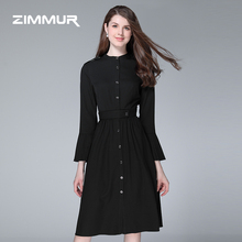 ZIMMUR秋冬新款2018黑色收腰纯色显瘦长袖中长款简约大摆连衣裙女图片