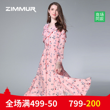 ZIMMUR秋季新款2018印花长袖大摆中长V领雪纺优雅高腰OL女连衣裙商品大图