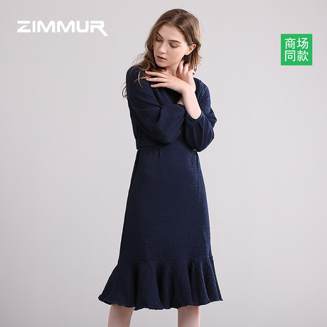 ZIMMUR秋装女2018新款长袖纯色简约中长款鱼尾修身连衣裙商品大图