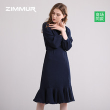 ZIMMUR秋装女2018新款长袖纯色简约中长款鱼尾修身连衣裙图片