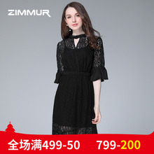 ZIMMUR夏季新品2018黑色蕾丝喇叭袖鱼尾荷叶边中长礼服收腰连衣裙图片