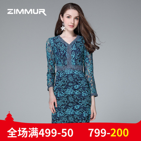 ZIMMUR秋季新款2018蕾丝收腰V领知性修身长袖包臀中款优雅连衣裙商品大图