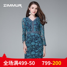 ZIMMUR秋季新款2018蕾丝收腰V领知性修身长袖包臀中款优雅连衣裙图片