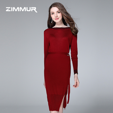 ZIMMUR秋冬新款2018红色针织衫收腰绑带纯色开叉一步裙打底连衣裙商品大图