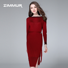 ZIMMUR秋冬新款2018红色针织衫收腰绑带纯色开叉一步裙打底连衣裙图片