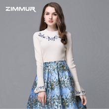 ZIMMUR秋冬新款2018刺绣宽松休闲喇叭袖针织毛衣套头上衣打底衫女图片