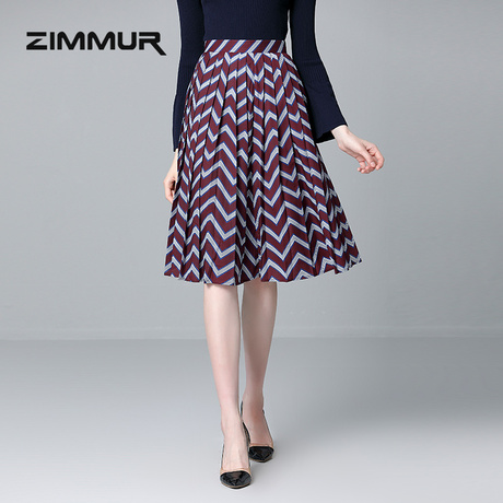 ZIMMUR秋冬新款2018菱形纹伞裙印花A字裙雪纺中长优雅百搭半身裙商品大图