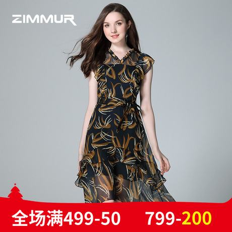 ZIMMUR新品夏季印花V领不规则前短后长大摆雪纺中长无袖OL连衣裙商品大图
