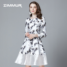 ZIMMUR秋冬新款2018印花优雅雪纺长袖A字裙修身中长OL连衣裙女图片