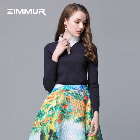 ZIMMUR秋冬新款2018衬衫领针织宽松上衣纯色打底毛衣OL针织衫女商品大图