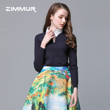 ZIMMUR秋冬新款2018衬衫领针织宽松上衣纯色打底毛衣OL针织衫女图片