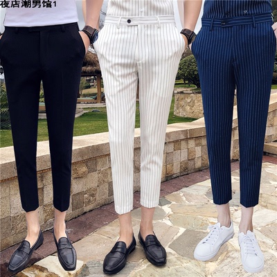 夏季薄款九分裤男英伦经典条纹休闲裤韩版修身男士九分裤小脚西裤