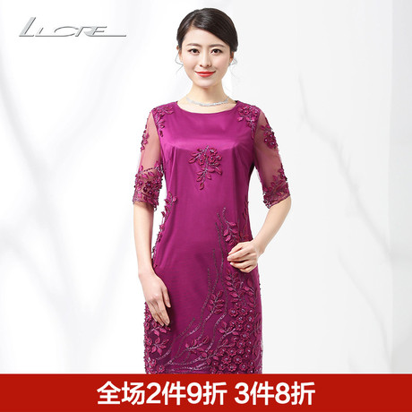 2018夏季新款圆领蕾丝婚礼妈妈装连衣裙喜婆婆婚宴装中老年女装商品大图