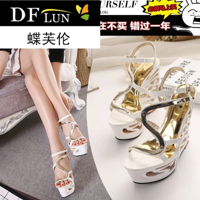DFL女鞋夏坡跟超高跟凉鞋15CM夏季夜店性感防水台厚底镂空金属绑