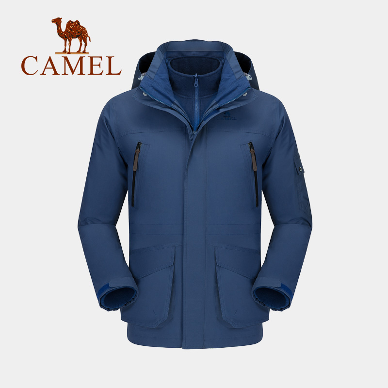 Camel Outdoor Sprinting Suit Men's Fashion Brand Three in One Windproof and Cold Resistant Women's Coat with Plush and Thickened Mountaineering Suit Ski Suit