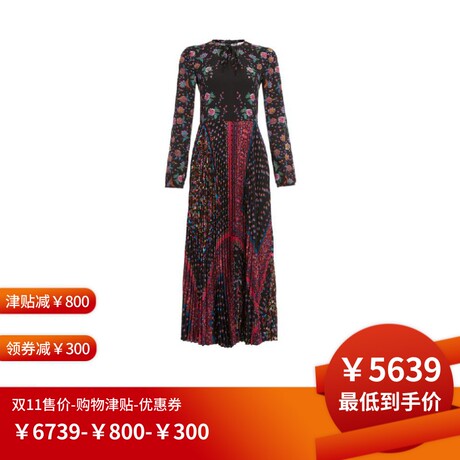 RED VALENTINO 2018秋冬黑色碎花印花压褶裙摆圆领长袖女士连衣裙商品大图