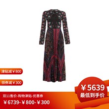 RED VALENTINO 2018秋冬黑色碎花印花压褶裙摆圆领长袖女士连衣裙图片