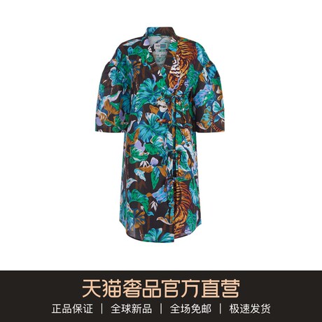 KENZO/高田贤三 2018新款蓝色v领印花系带短袖睡衣风连衣裙女夏商品大图