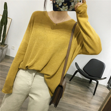 细米定制 早春新款韩国宽松显瘦卷边纯色V领苎麻长袖针织衫上衣女