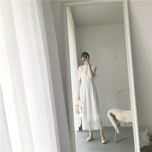 「MICOOS」超薄立领花边蕾丝雪纺仙女收腰白色连衣裙温柔长裙女夏