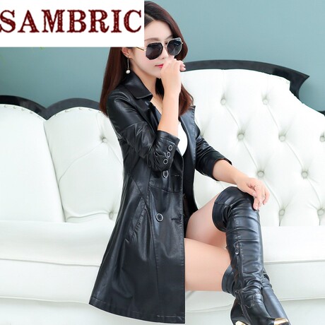 Sambric2018秋冬新款皮衣女中长款韩版修身显瘦女装大码皮风衣商品大图