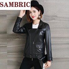 Sambric2018春季新款真皮皮衣女 韩版修身绵羊皮机车款女装外套图片
