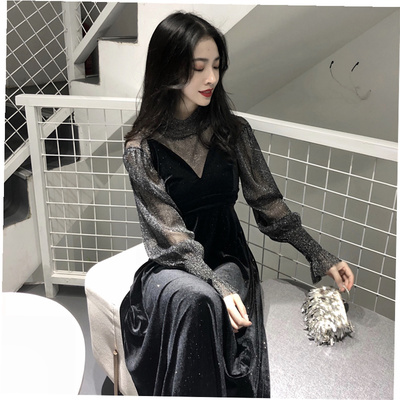 长裙慵懒风ins超火裙子秋装2018新款女chic吊带两件套长袖连衣裙