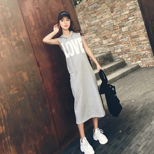 连帽中长款 宽松字母印花背心连衣裙 套头卫衣韩版 女无袖 夏2018新款