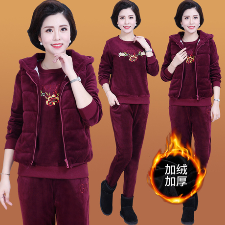 中老年金丝绒套装女妈妈装时尚大码休闲运动服中年女冬外套三件套商品大图