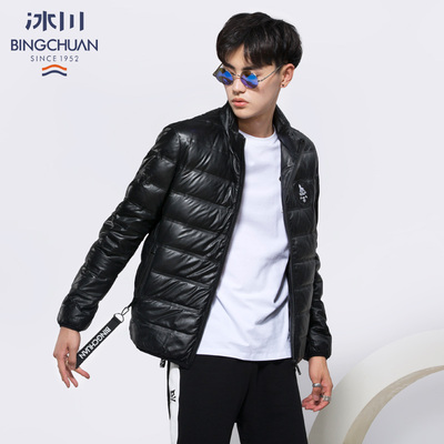 冰川轻薄款羽绒服男潮牌短款青少年黑色绵羊皮字母刺绣白鸭绒反季