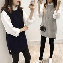 加肥加大码女装套装韩版胖mm秋装长袖衬衣+套头针织马甲两件套潮图片