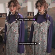 荷叶边碎花吊带连衣裙两件套 T恤 chic早秋复古长袖 鬼马系少女套装