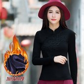 绣花体恤复古盘口上衣刺绣长袖 中国民族风女装 打底衫 加绒加厚 T恤